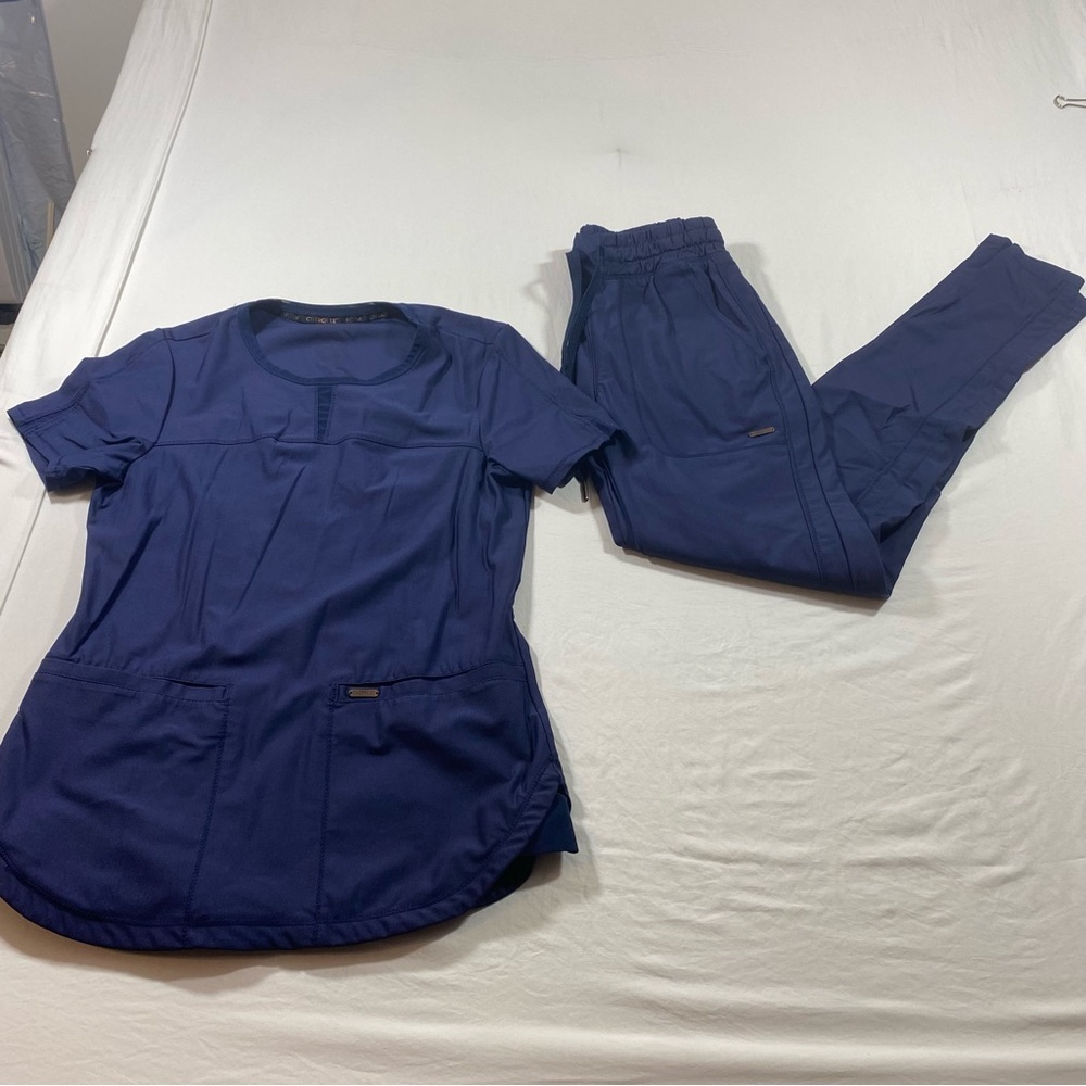 Cherokee Scrubs Set Women X-Small Top XXSmall Blue Spandex Joggers Short sleeve